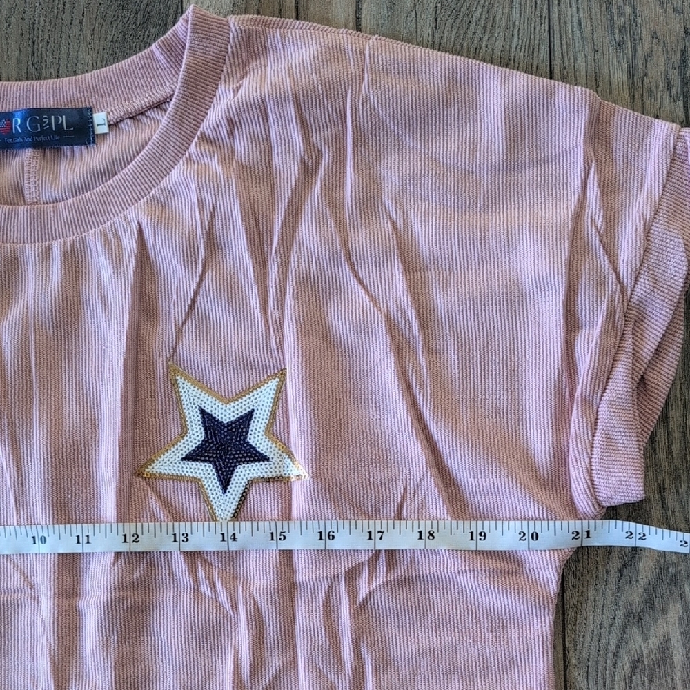 Patriotic Short Sleeve Dress Crewneck Pink with Sequined Stars Size Large - Picture 9 of 14